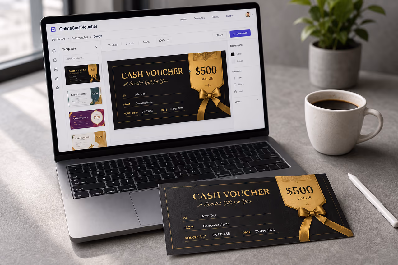 Laptop Displaying Online Cash Voucher Maker with Printed Sample