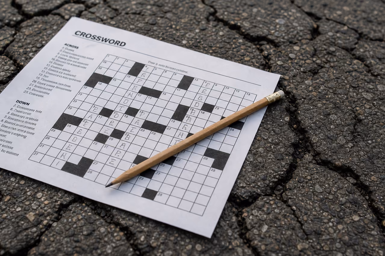 Crossword Puzzle Resting on a Rough Road Surface