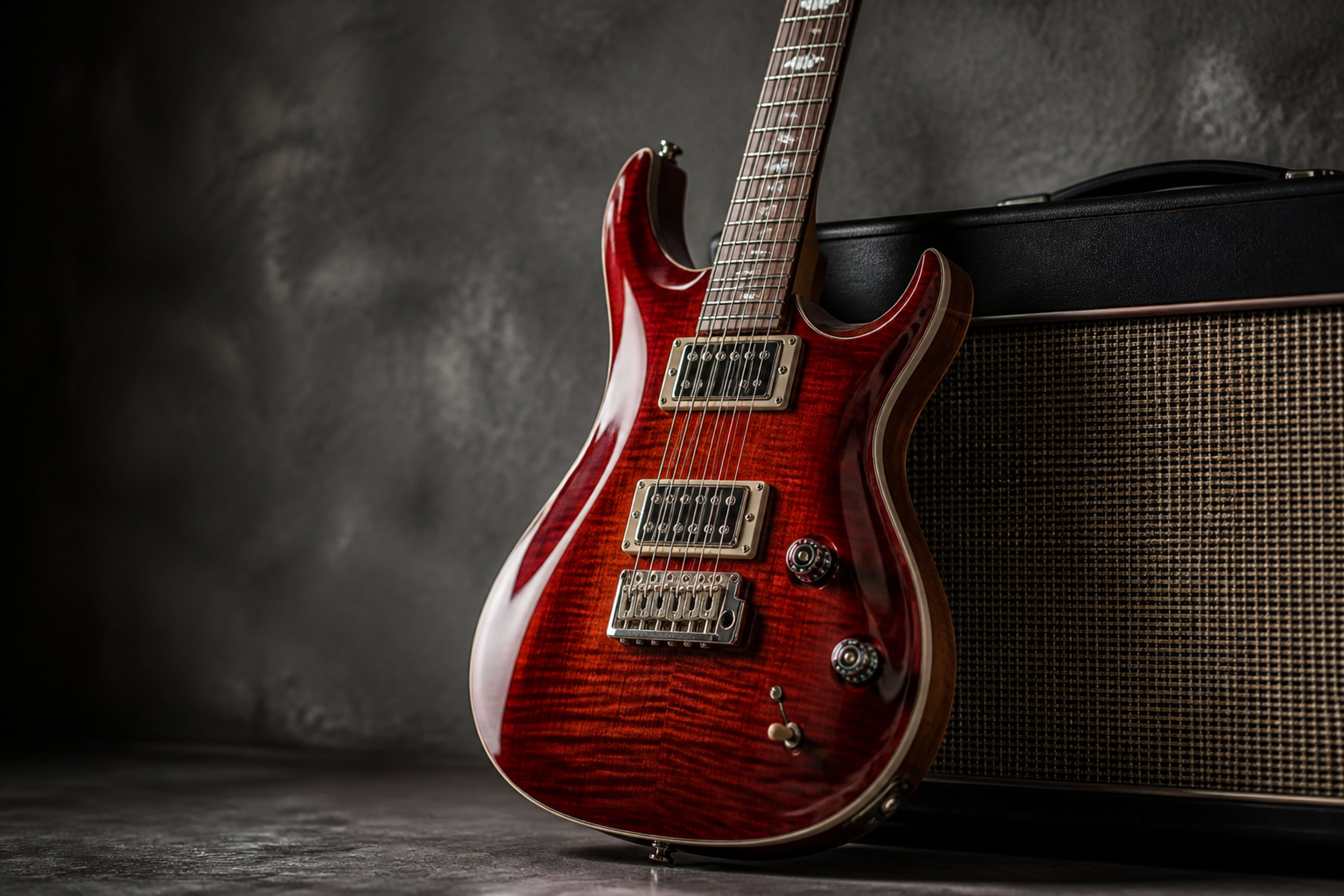 Modern Tempo Electric Guitar Leaning Against Studio Amplifier