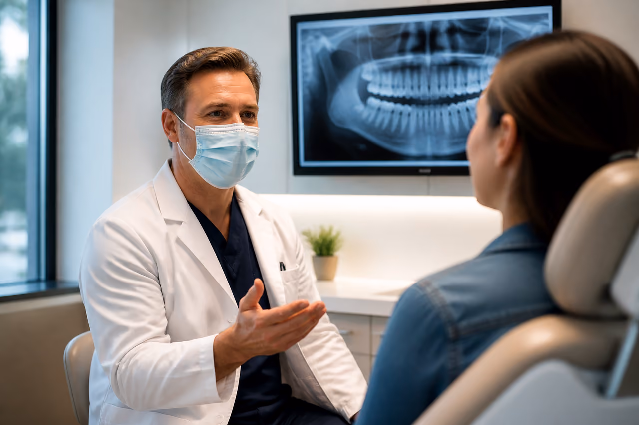 Oral Surgeon Consulting with Patient in Virginia Clinic