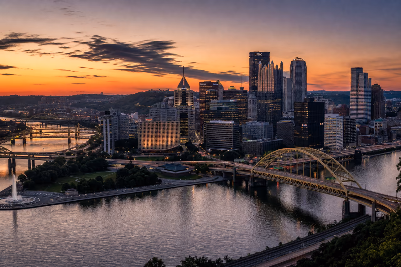 Pittsburgh Skyline and Point State Park at Sunset