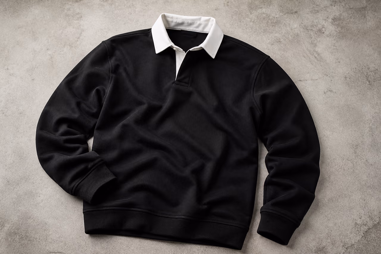 Black Rugby Jumper with White Collar on Concrete Surface