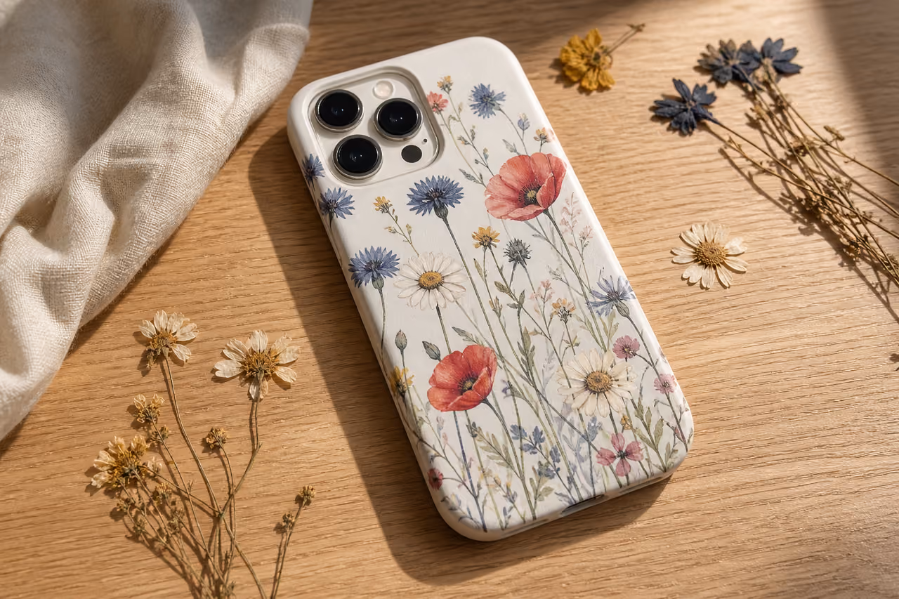Floral Wildflower Phone Case on Oak Wooden Surface