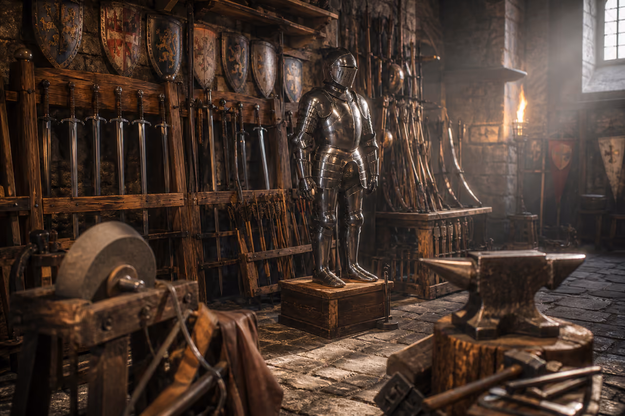 Medieval Armor and Weapons Displayed in an Adventure Armory