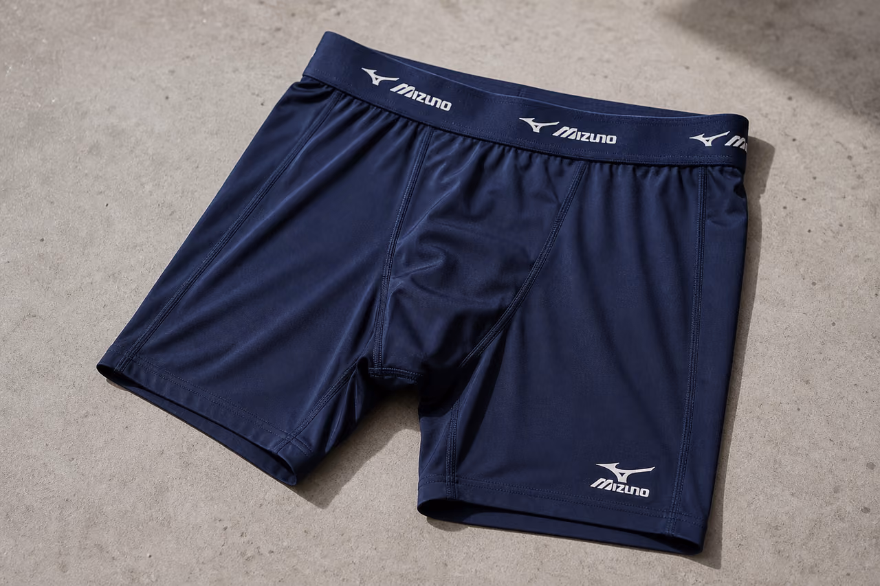 Navy Blue Mizuno Slider Shorts on Concrete Surface