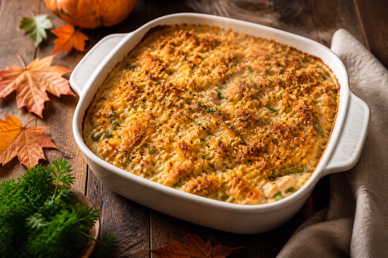 Freshly Baked Easy Thanksgiving Casserole on a Rustic Table