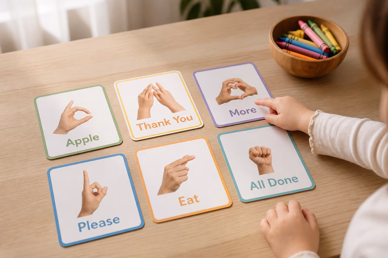 Asl Sign Language Flash Cards on a Wooden Table