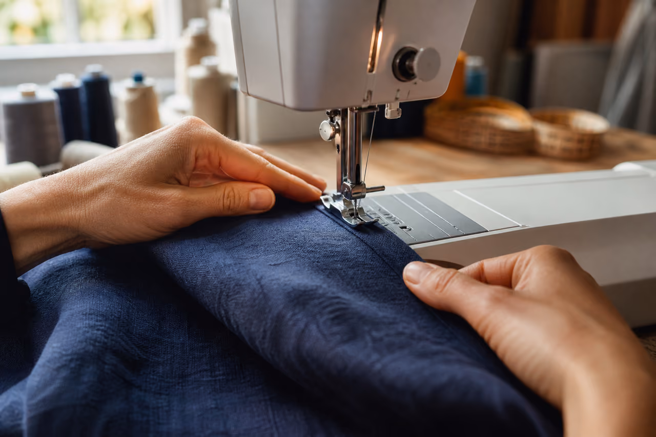 Hands Hemming Navy Blue Fabric with a Sewing Machine