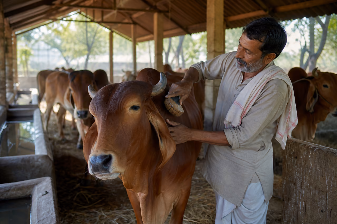 Indian Farmer Tending to Cattle in Rural Village