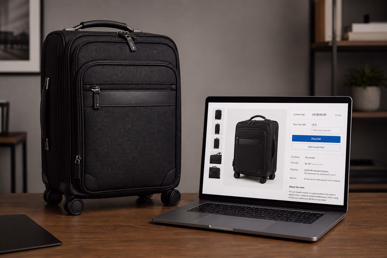 Luxury Carry-on Suitcase Next to Laptop Displaying Online Marketplace