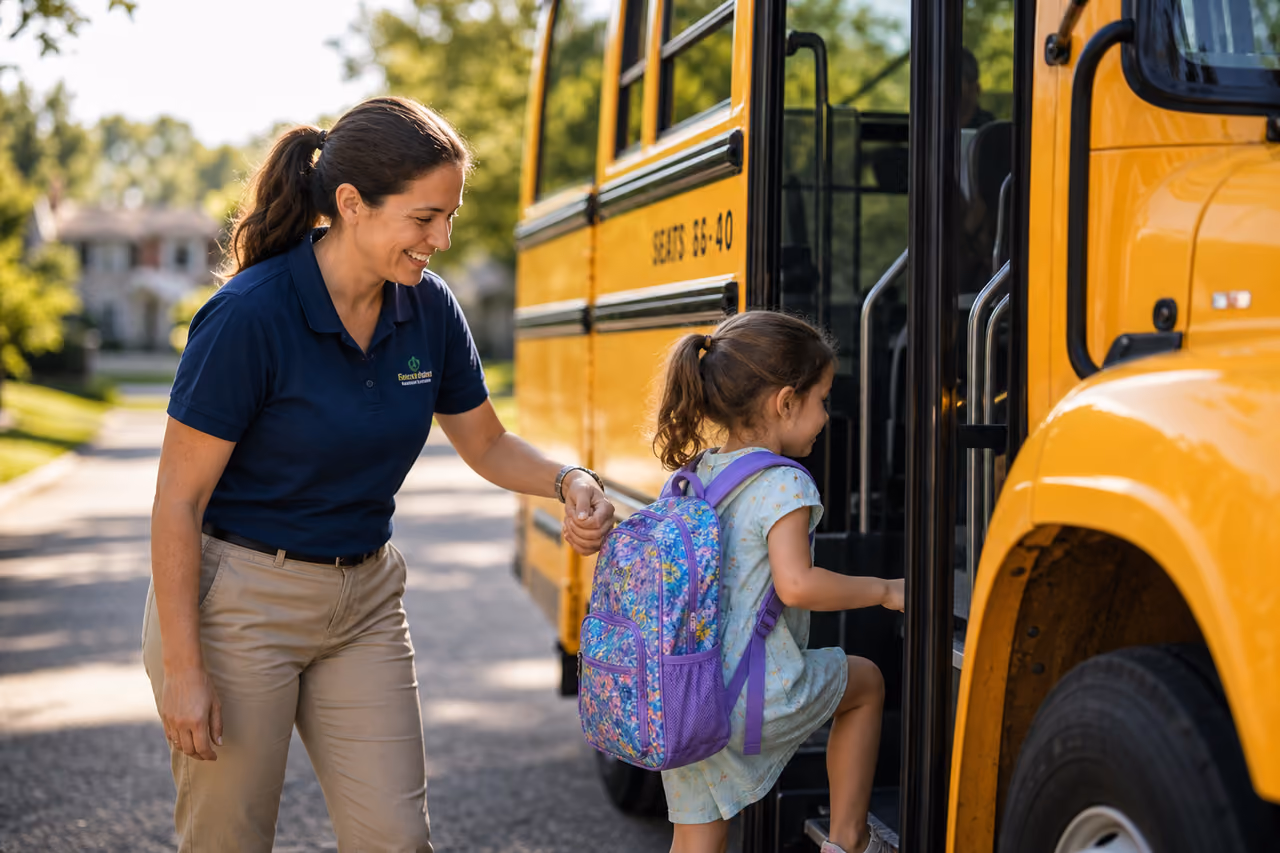 Professional Nanny Assisting Child Boarding a School Bus