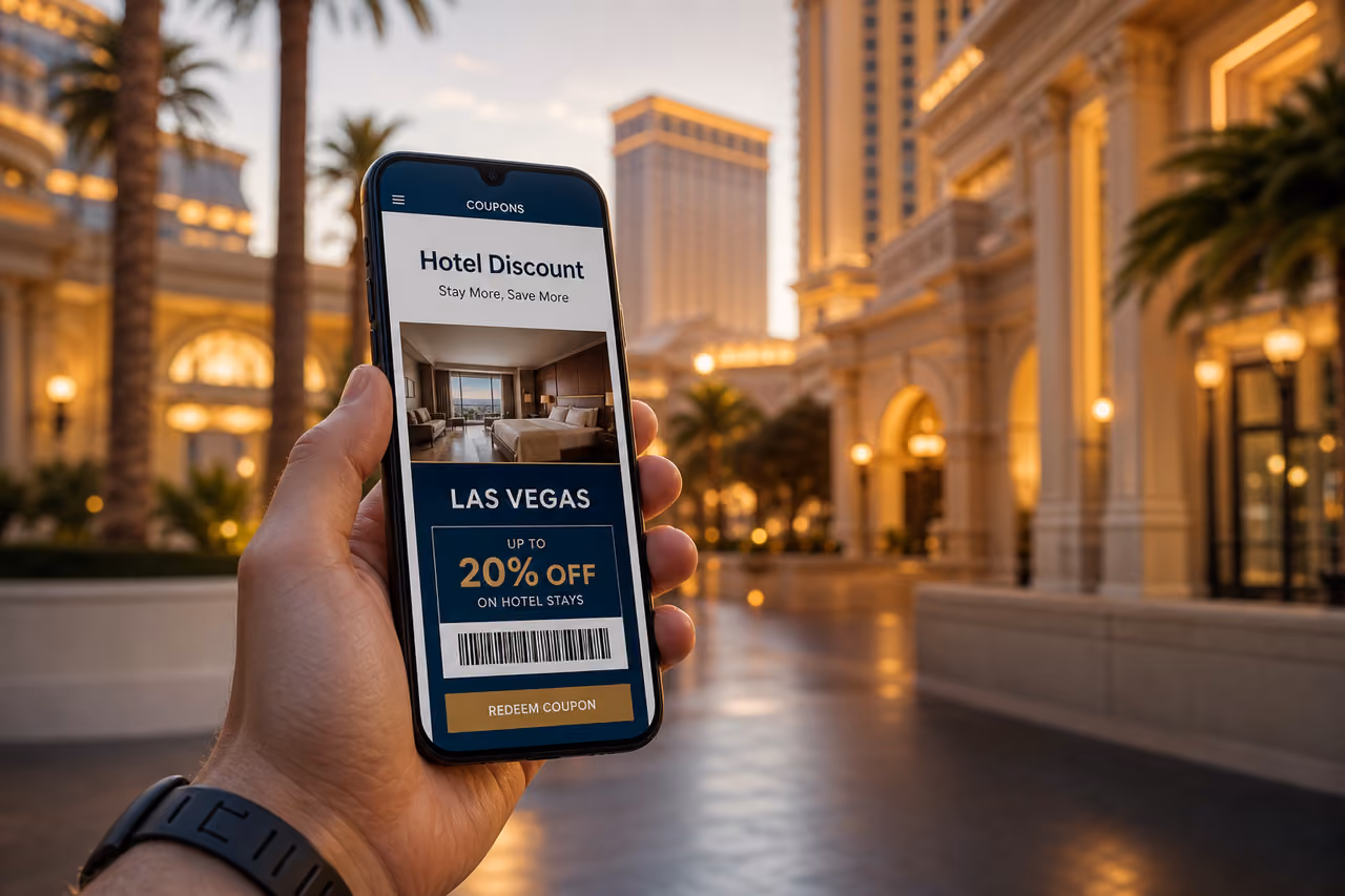 Person Using Mobile App for Hotel Discounts in Las Vegas