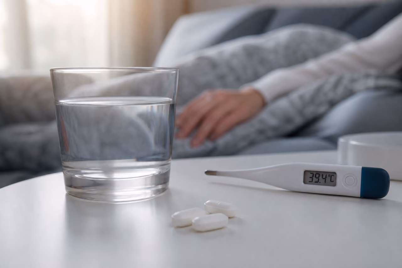 Ibuprofen Tablets and Digital Thermometer on Bedside Table