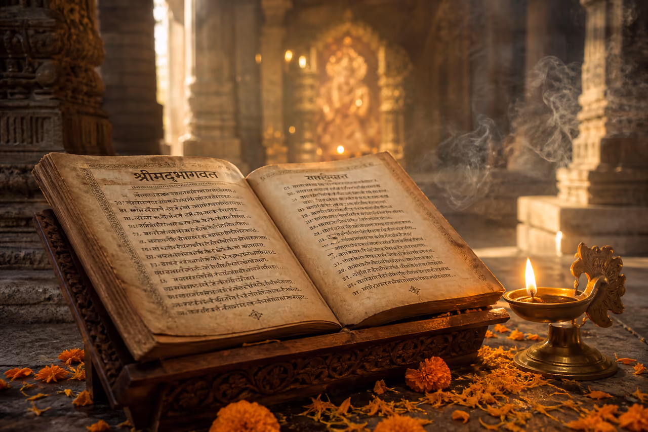 Ancient Bhagvat Scripture with Brass Lamp in Temple