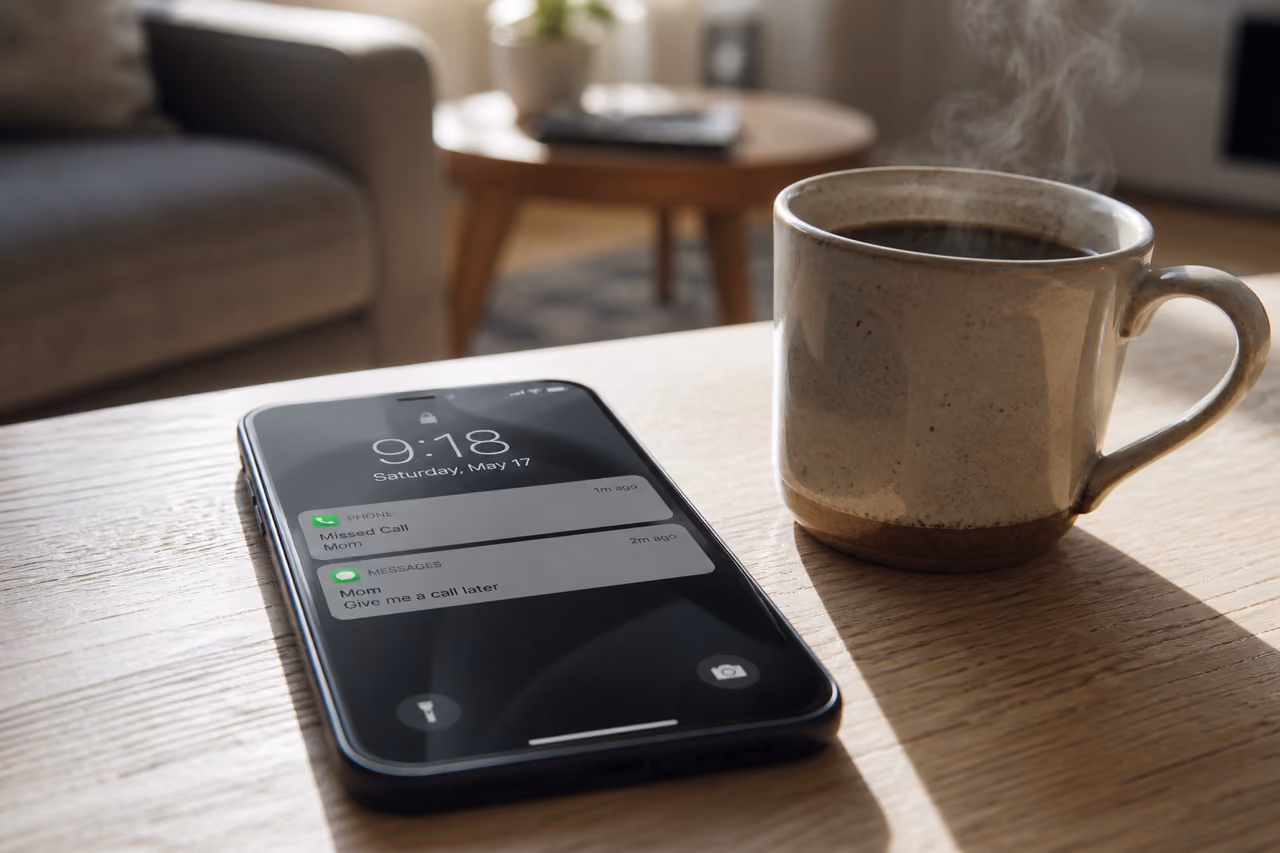 Smartphone on Wooden Table with Call Later Message