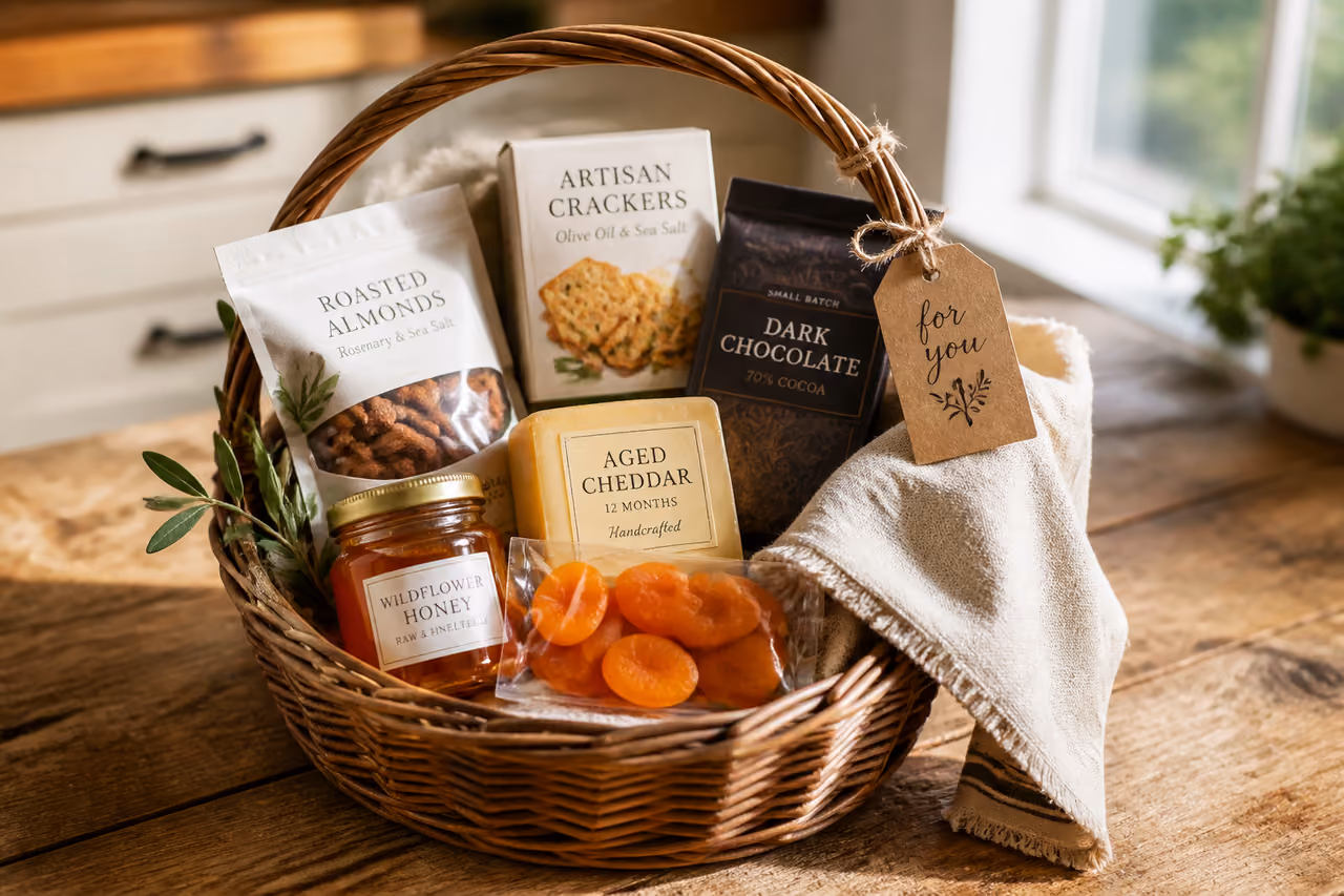 Gourmet Gift Snack Basket on a Rustic Wooden Table