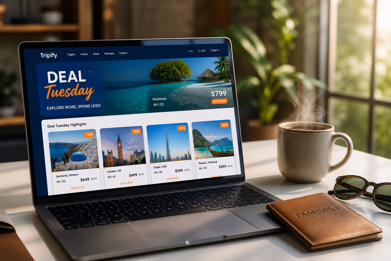 Laptop Displaying Travel Deal Tuesday Discounts on a Desk