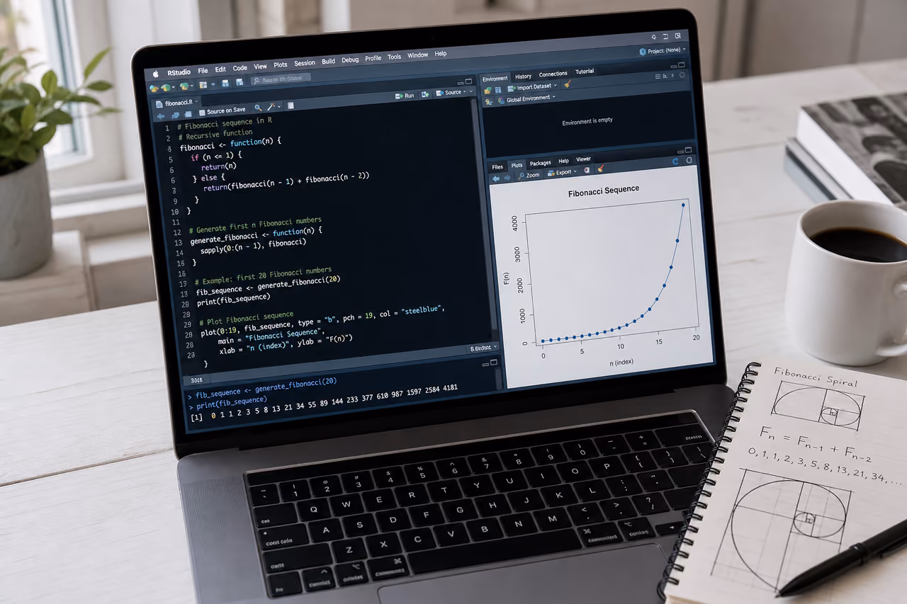 Laptop Screen Displaying Fibonacci Sequence in R Code