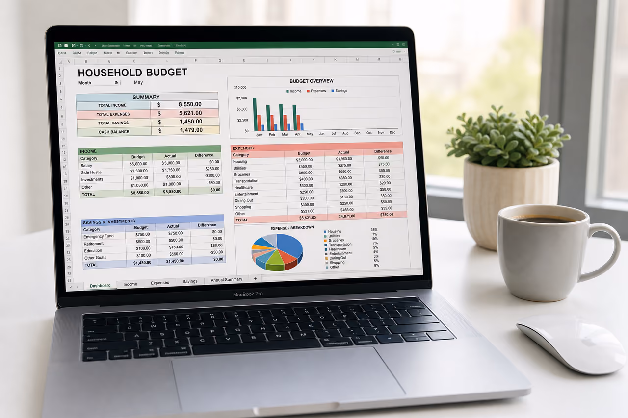 Macbook Pro Displaying a Household Budget Spreadsheet on a Desk
