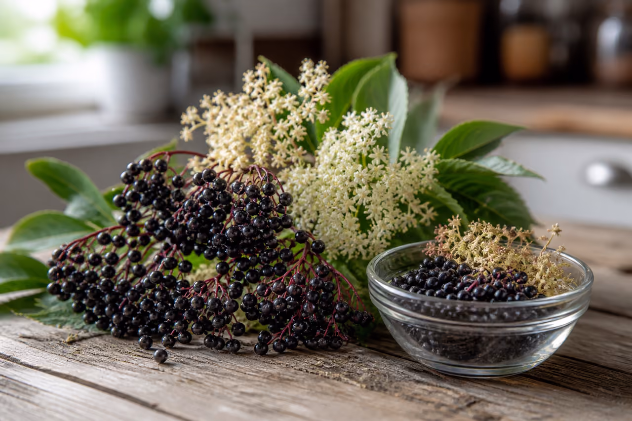 Fresh Elderberry Clusters and Flowers on a Rustic Wooden Table