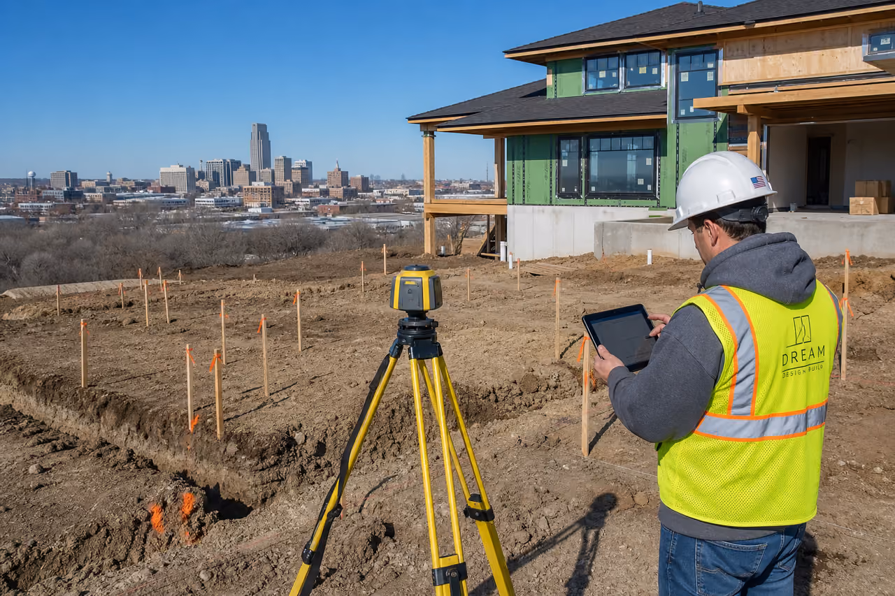 Construction Worker Surveying Site for Contour Construction in Omaha