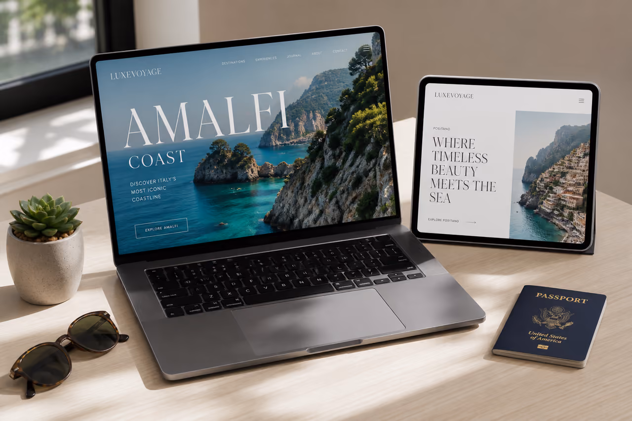 Modern Travel Website UI Design on Laptop and Tablet