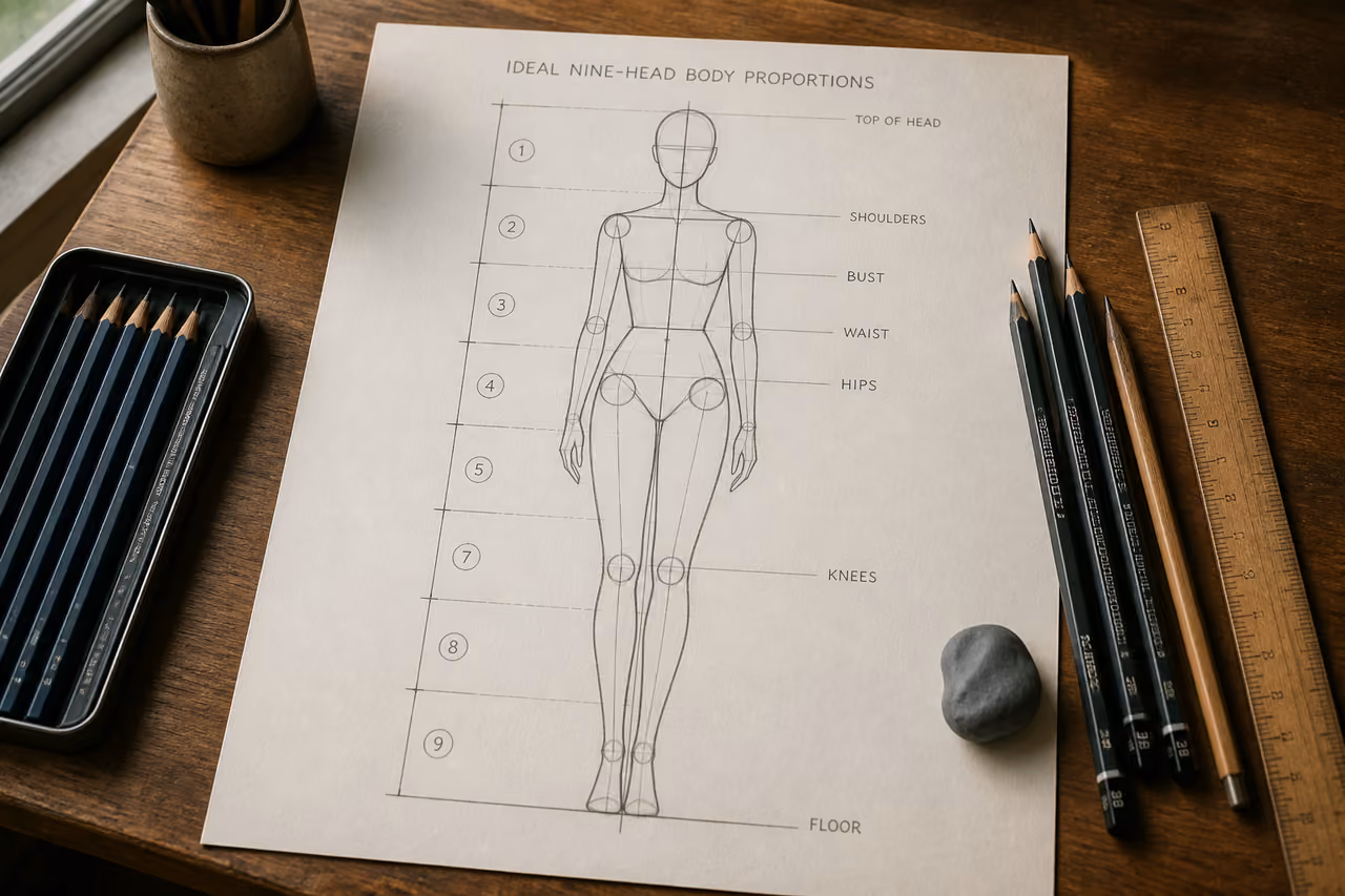 Anatomical Study of a 9 Head Figure Drawing on Sketch Paper