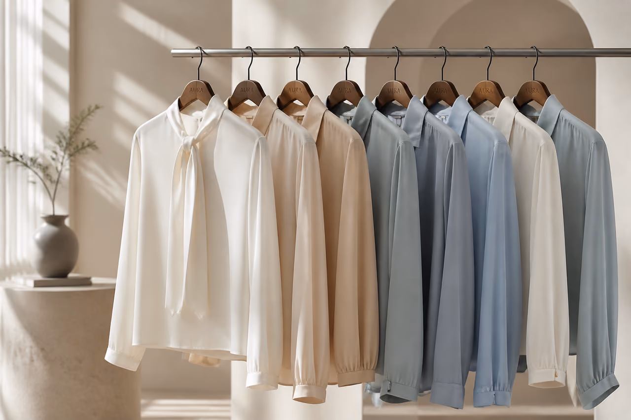 Professional Work Blouses Hanging on a Minimalist Clothing Rack