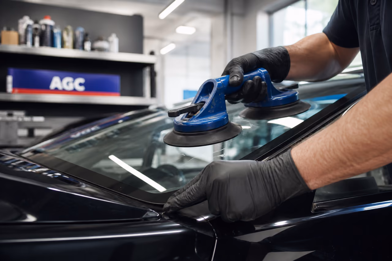 Technician Installing New Windshield in Professional Auto Shop