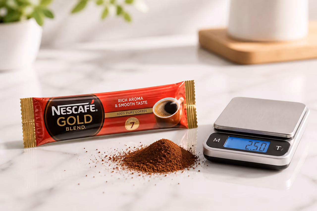 Instant Coffee Sachet and Digital Scale on White Surface