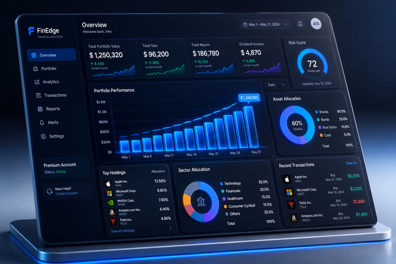 3D Financial Dashboard Displaying Analytics and Percentage Metrics