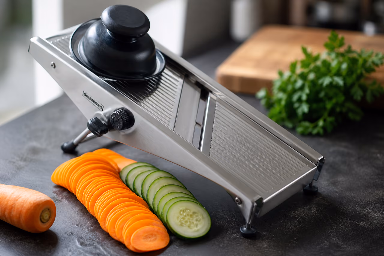Stainless Steel Kitchen Slicer Mandoline with Sliced Vegetables