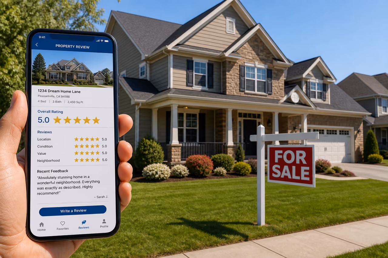 Real Estate Investment App Displaying Reviews in Front of Suburban House