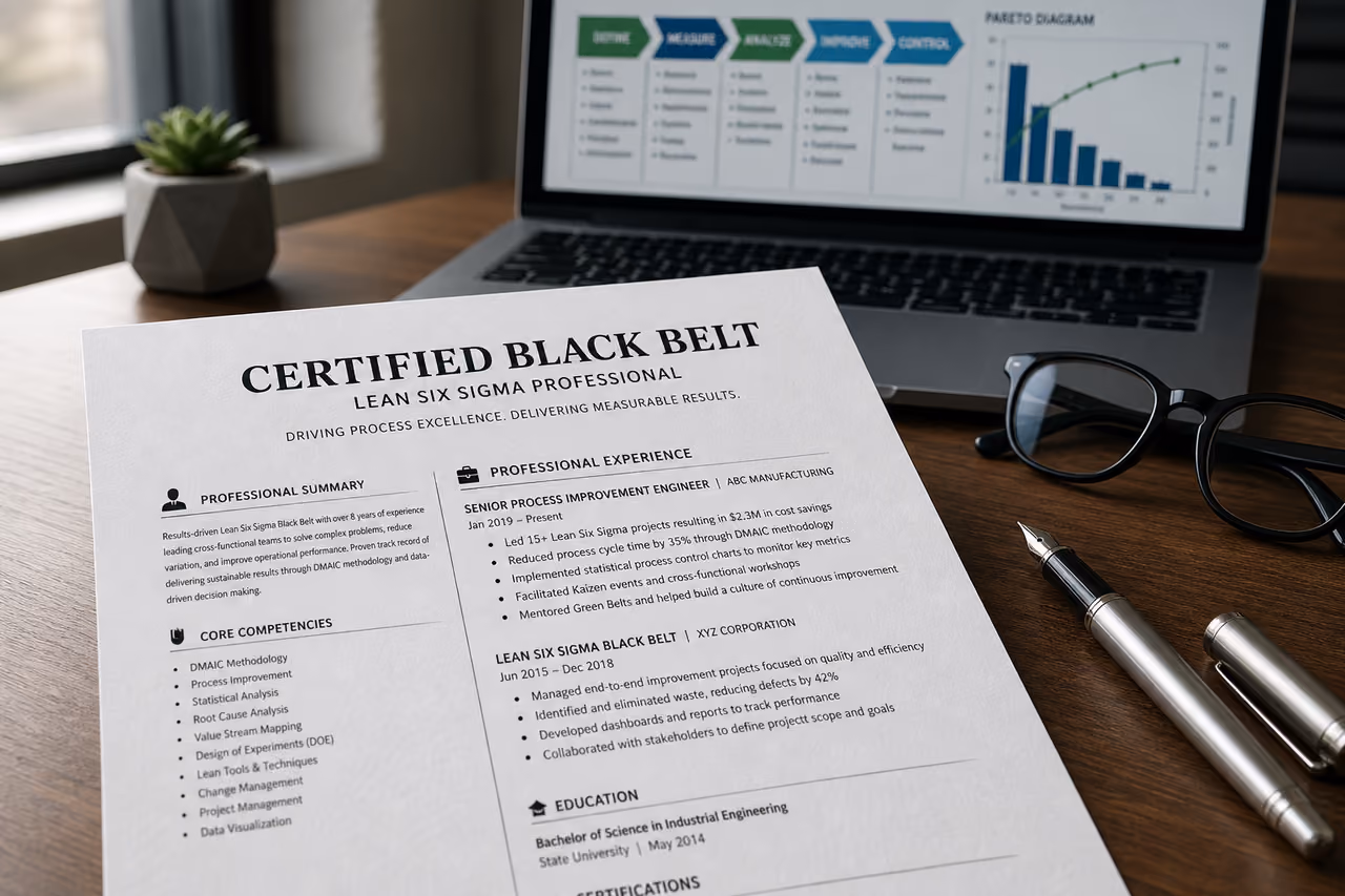 Lean Six Sigma Black Belt Resume on Professional Office Desk