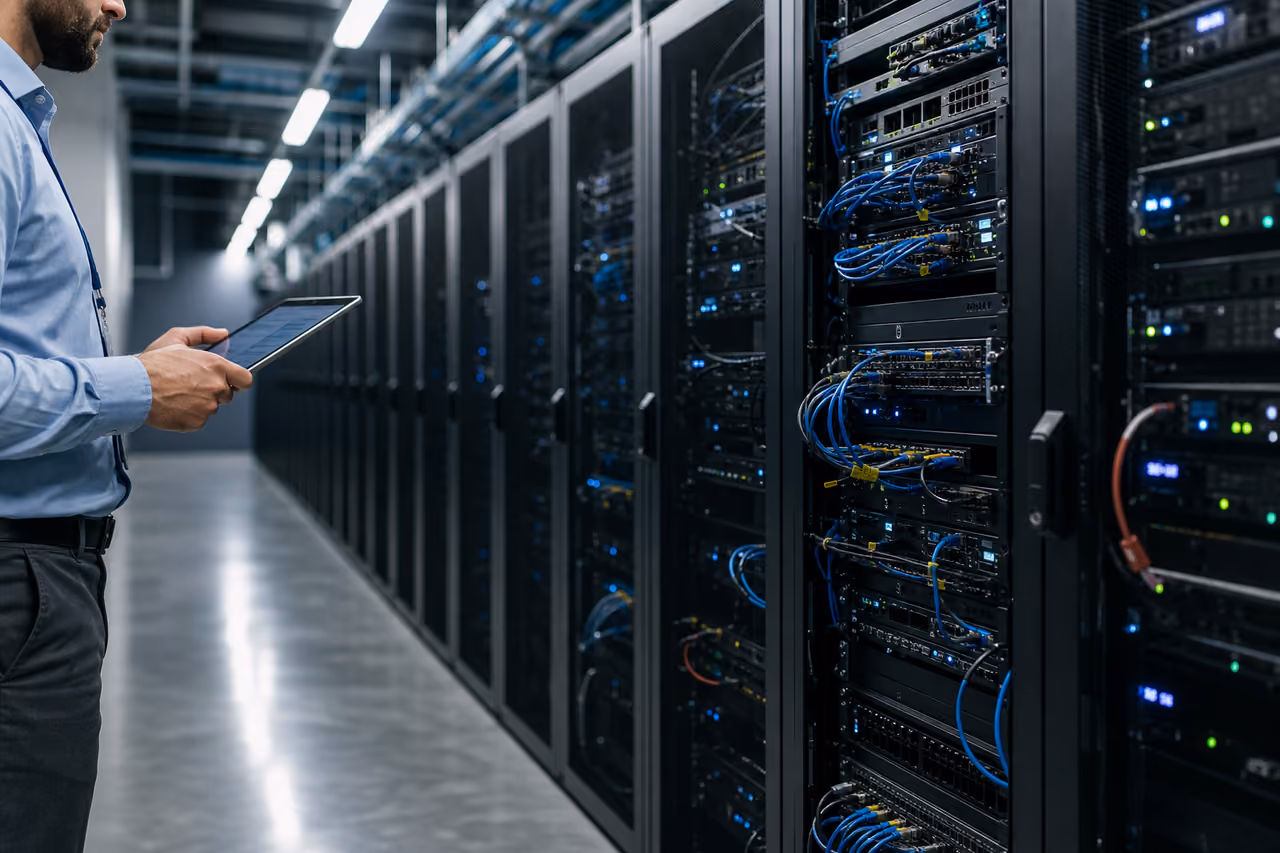 Network Engineer Inspecting Servers in a Modern Data Center