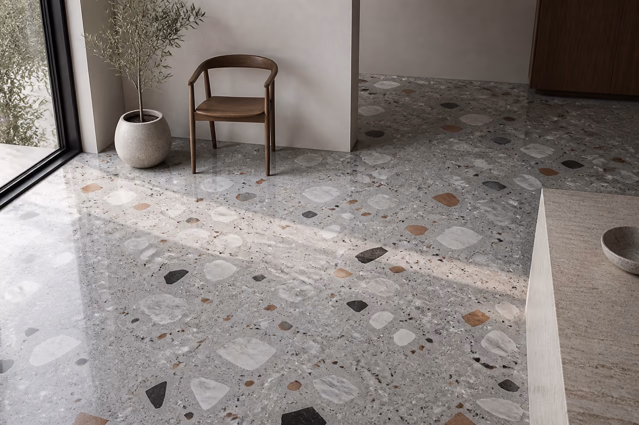 Polished It Terrazzo Flooring in a Minimalist Modern Interior