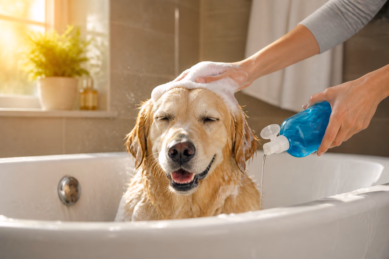 Golden Retriever Receiving a Soap Bath in a Tub