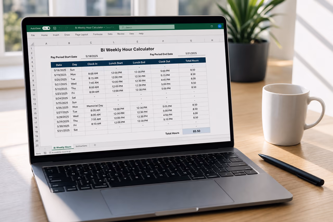 Bi Weekly Hour Calculator Displayed on Laptop in Modern Office