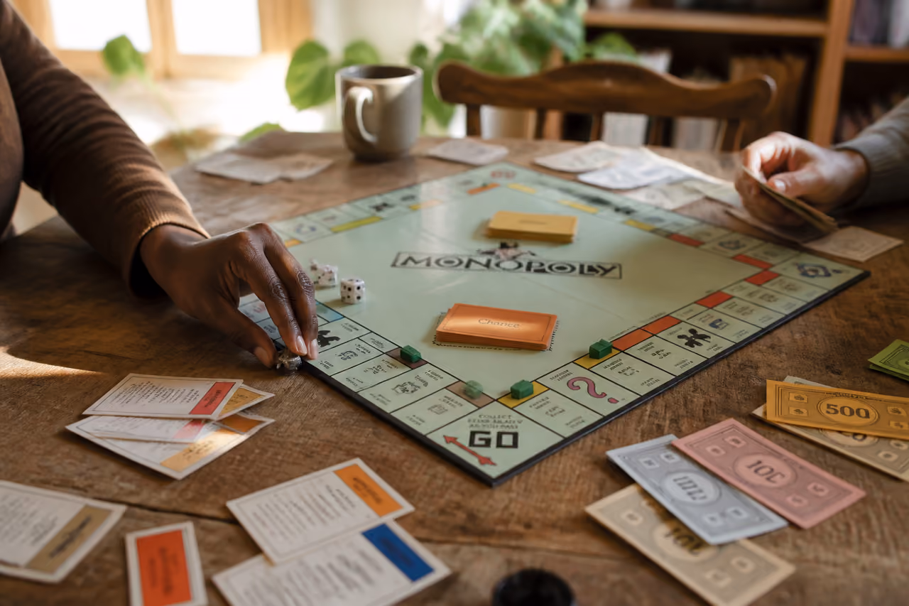 People Playing a Property Trading Board Game on a Wooden Table