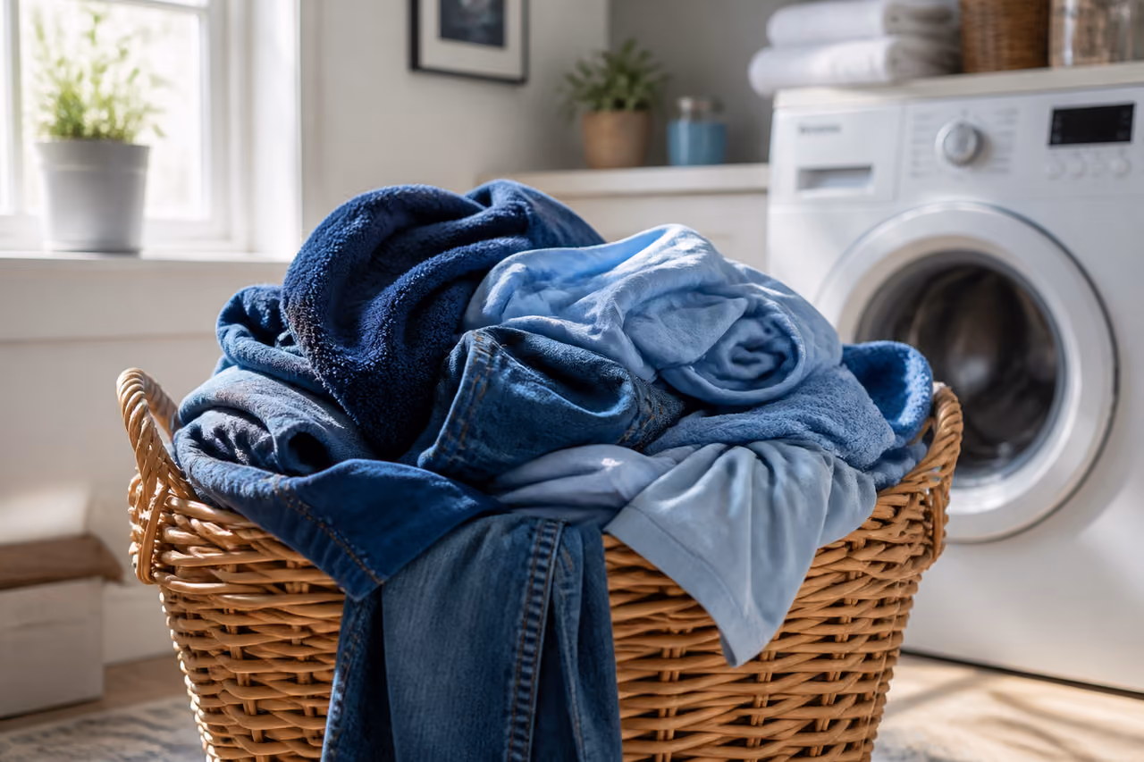 Overflowing Wicker Basket of Blue Laundry in Bright Room