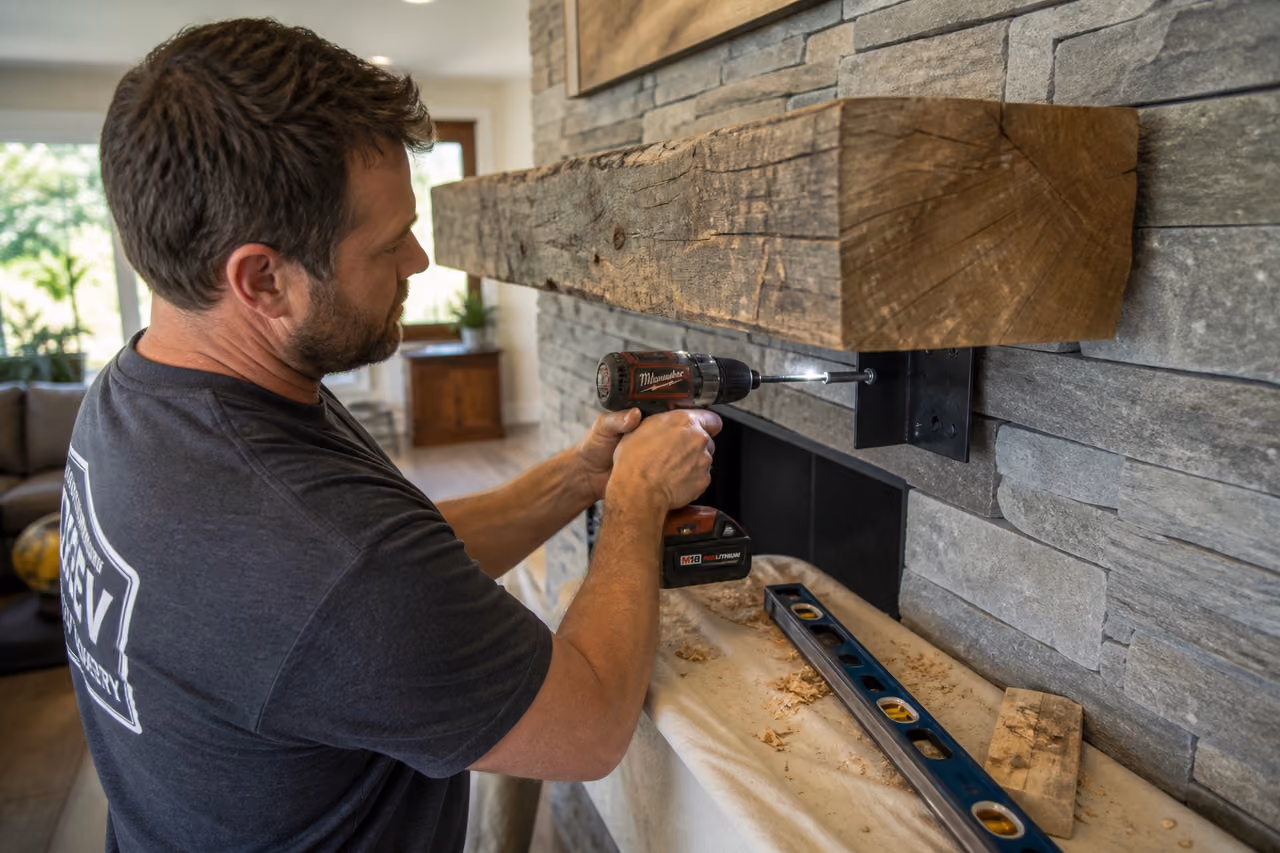 Carpenter Mounting a Rustic Wood Mantel Over a Stone Fireplace