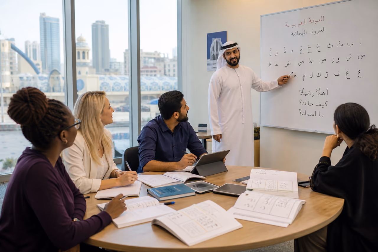 Students Studying Arabic Language in a Sharjah Classroom