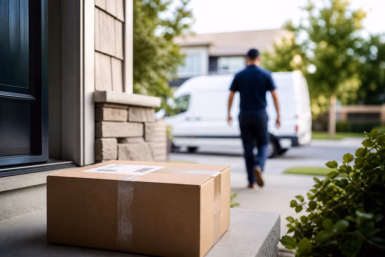 Delivered Shipping Package on a Suburban Home Doorstep