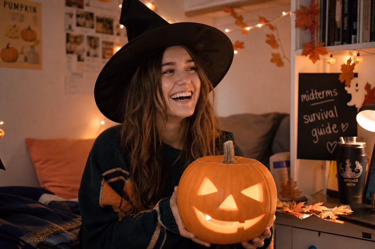 College Student in Witch Costume Celebrating Halloween in Dormitory