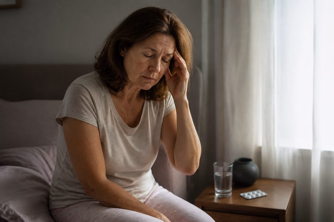 Drowsy Woman Experiencing Medication Side Effects in Bedroom