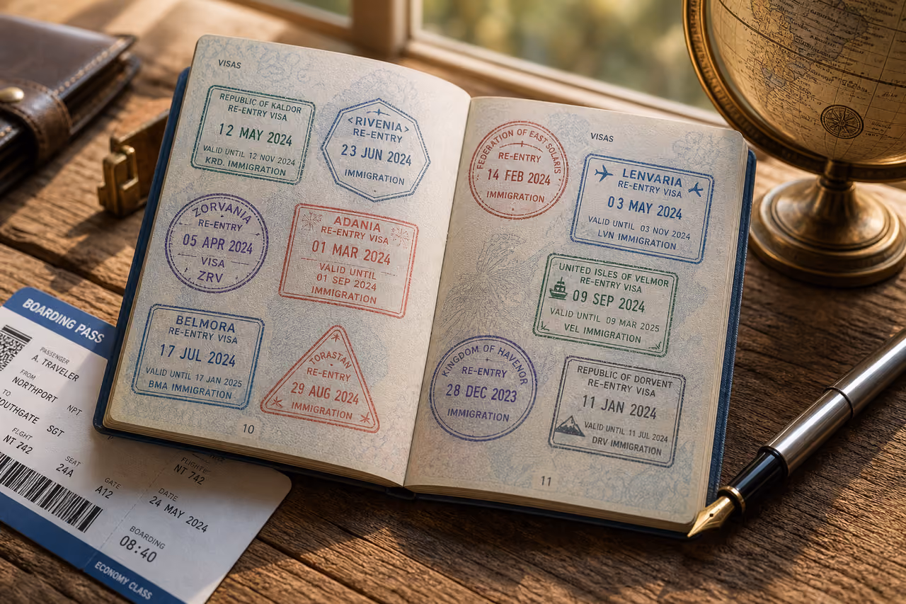 Open Passport Displaying Multiple Re-Entry Visa Stamps on a Desk