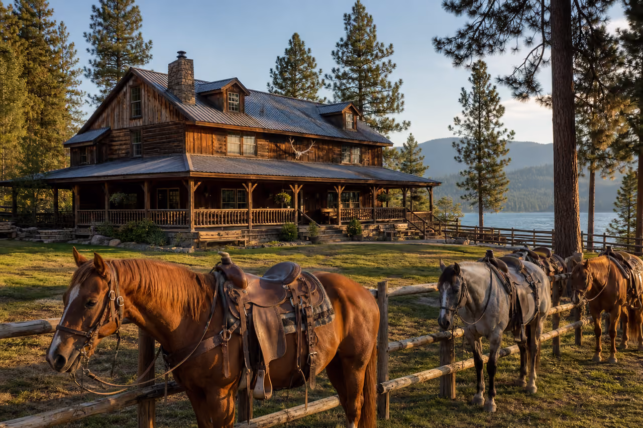 Rustic Lodge and Horses at a Dude Ranch in Coeur D'alene