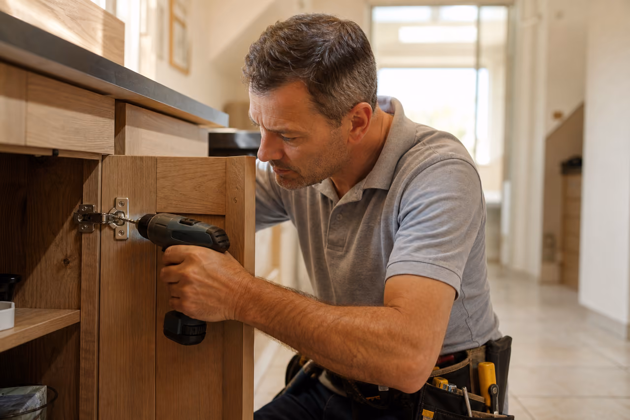 Professional Handyman Repairing Kitchen Cabinet in Modern Home
