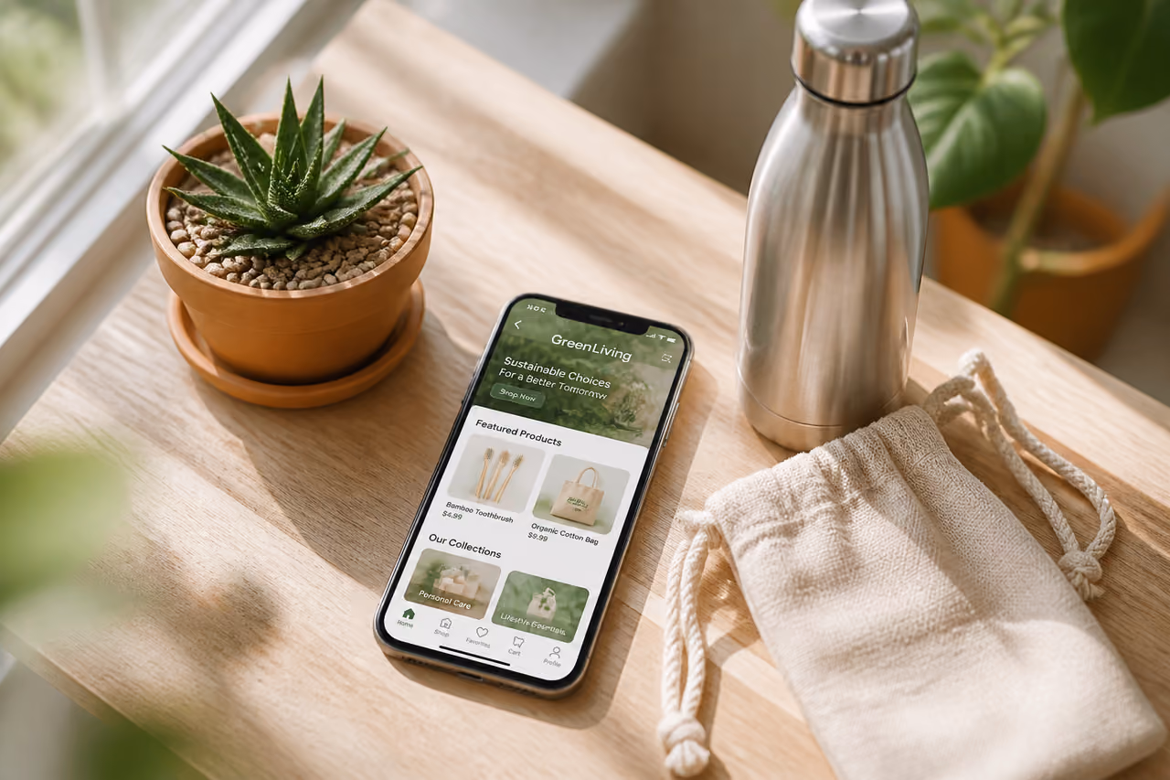 Smartphone Displaying Green Living Online Shop on Wooden Table