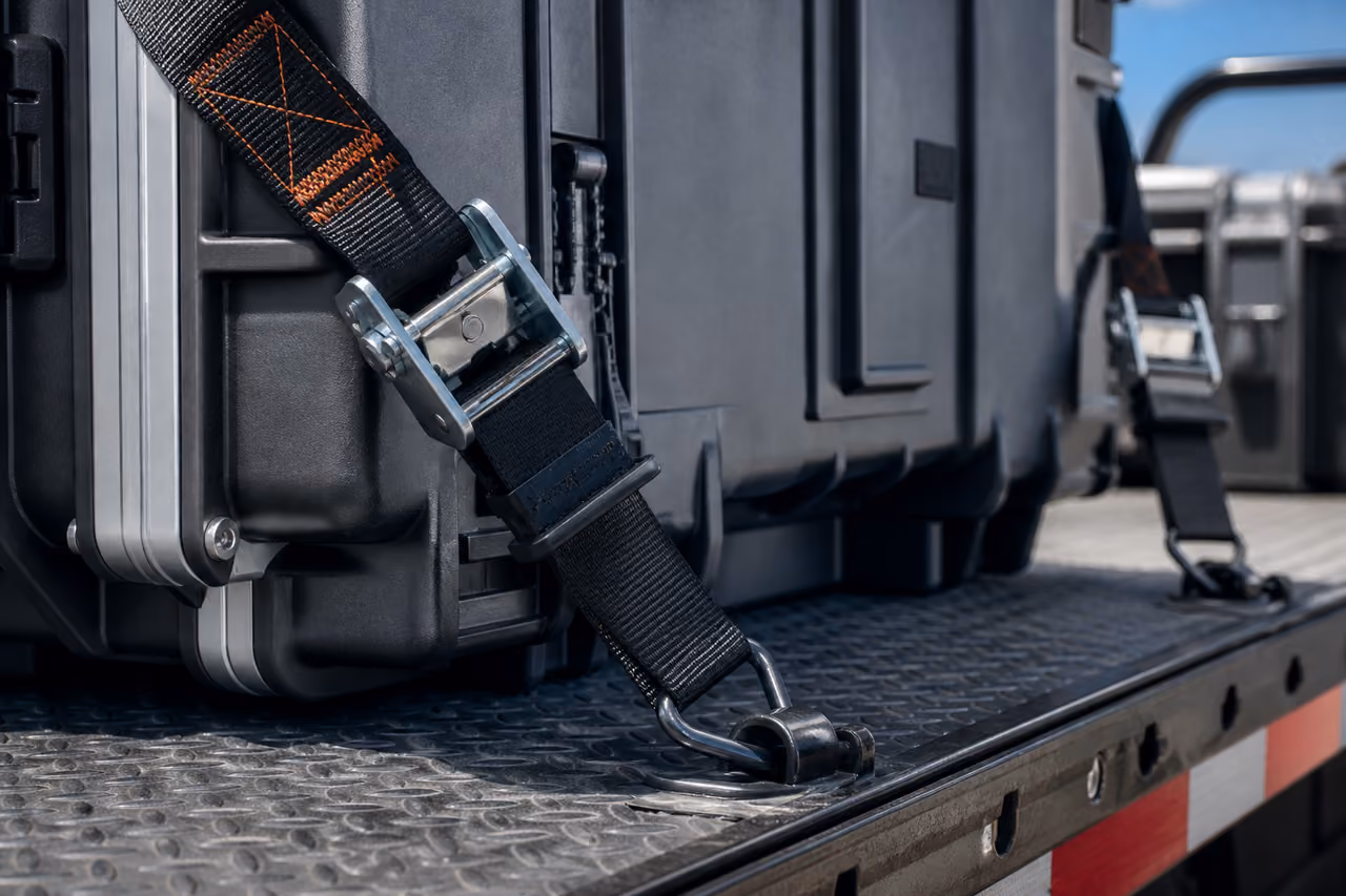 Dual Camjam Tie Down System Securing Cargo on a Trailer